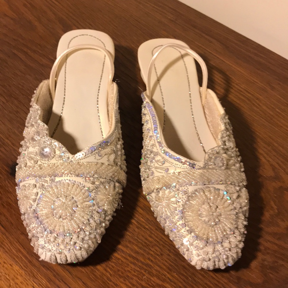 White hand beaded mules